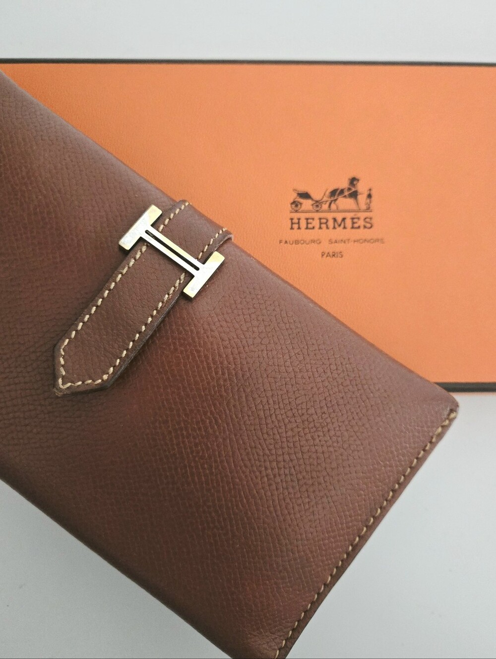 Authentic HERMES Bearn Soufflet Bifold Brown & Gold Iconic "H" Wallet Clutch Set